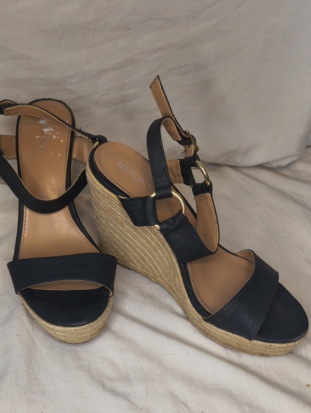 Merona Black Espadrille Wedge Sandals Strap with Gold Ring Accent Size 7.5 AE